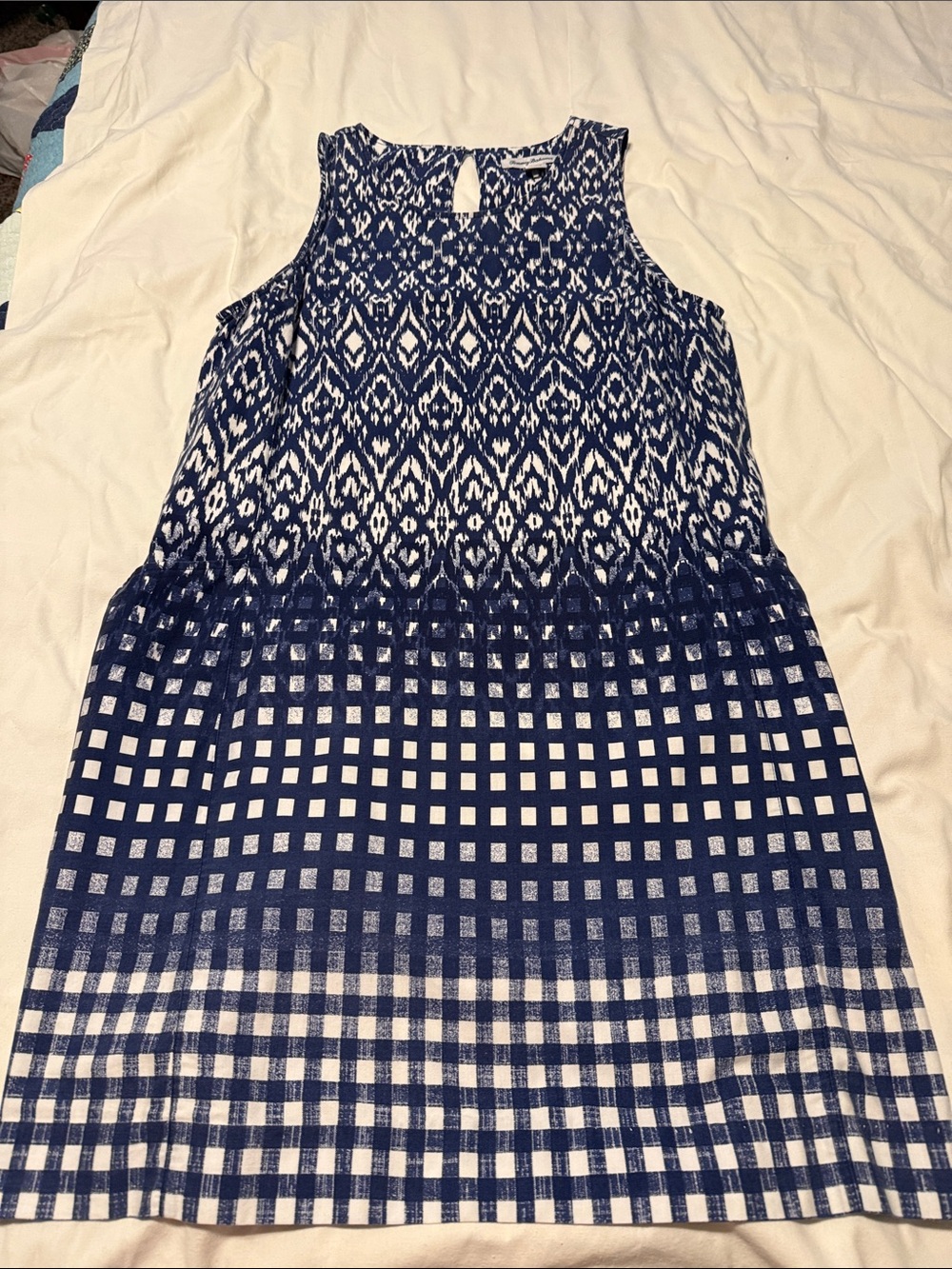 Tommy Bahama Navy and White Mixed-Print Sleeveless Button-Back Dress